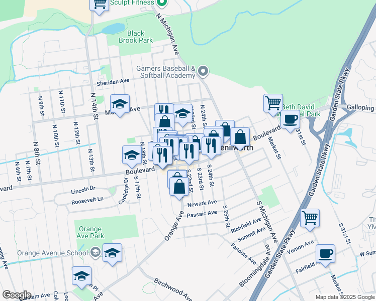 map of restaurants, bars, coffee shops, grocery stores, and more near 21 North 22nd Street in Kenilworth