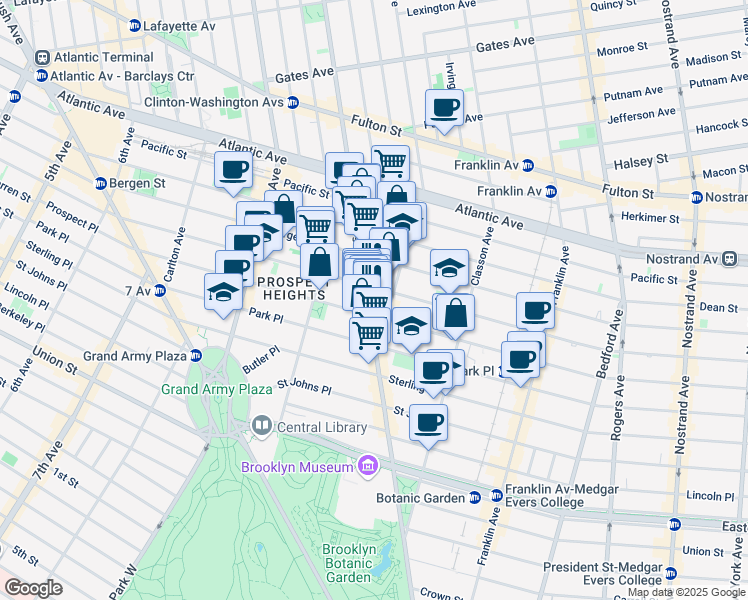 map of restaurants, bars, coffee shops, grocery stores, and more near 677 Washington Avenue in Brooklyn