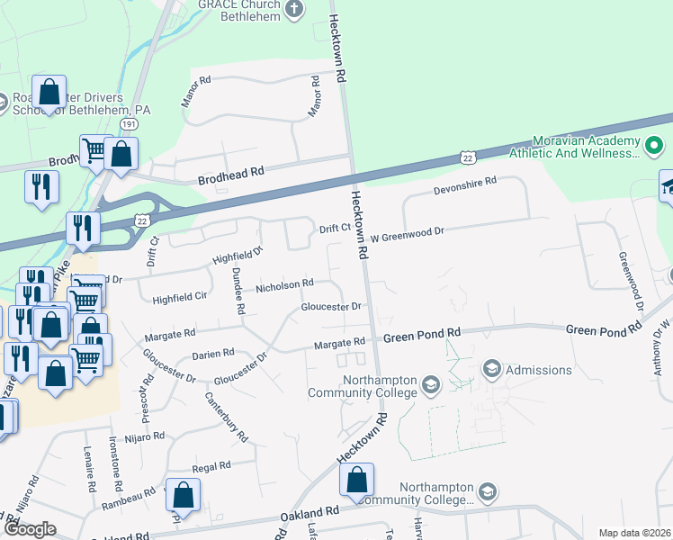 map of restaurants, bars, coffee shops, grocery stores, and more near 3904 Fairfax Court in Bethlehem