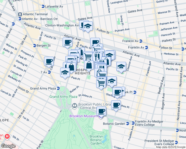 map of restaurants, bars, coffee shops, grocery stores, and more near 345 Prospect Place in Brooklyn