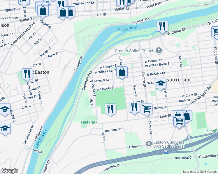 map of restaurants, bars, coffee shops, grocery stores, and more near 1023 West Lincoln Street in Easton