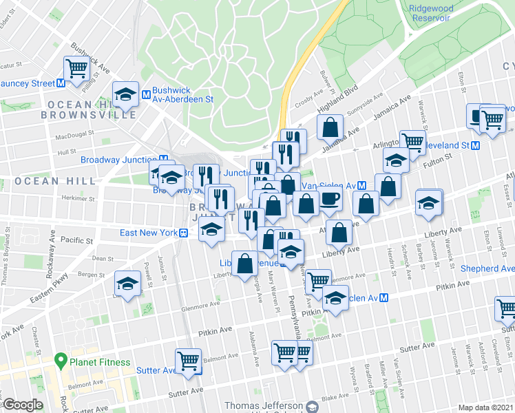 map of restaurants, bars, coffee shops, grocery stores, and more near Fulton Street & Sheffield Avenue in Brooklyn