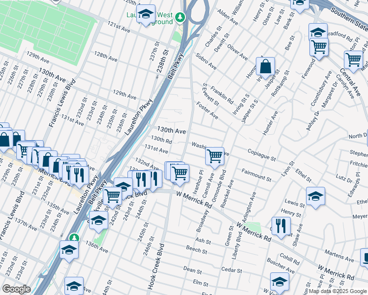 map of restaurants, bars, coffee shops, grocery stores, and more near 131-2 Hook Creek Boulevard in Queens