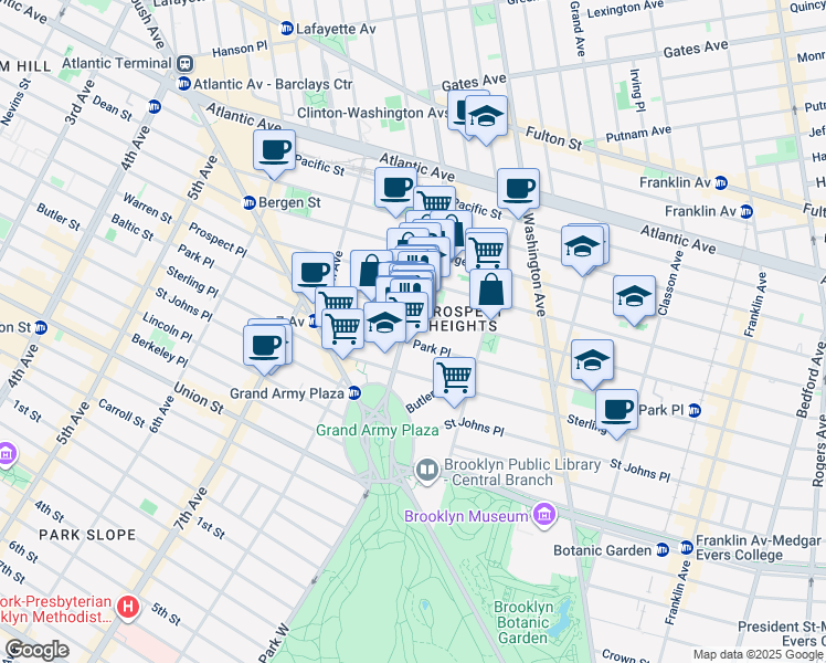 map of restaurants, bars, coffee shops, grocery stores, and more near 291 Park Place in Brooklyn