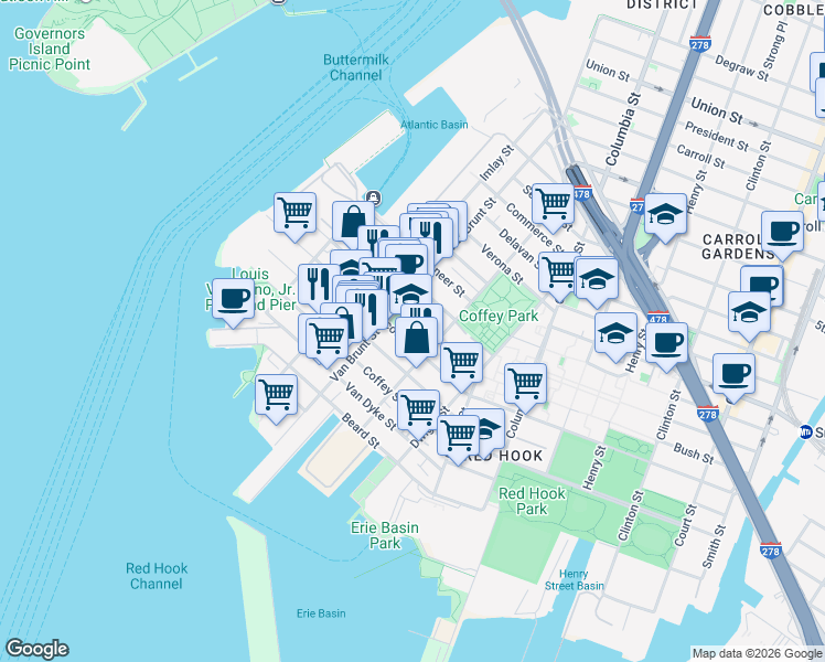 map of restaurants, bars, coffee shops, grocery stores, and more near 71 Sullivan Street in Brooklyn