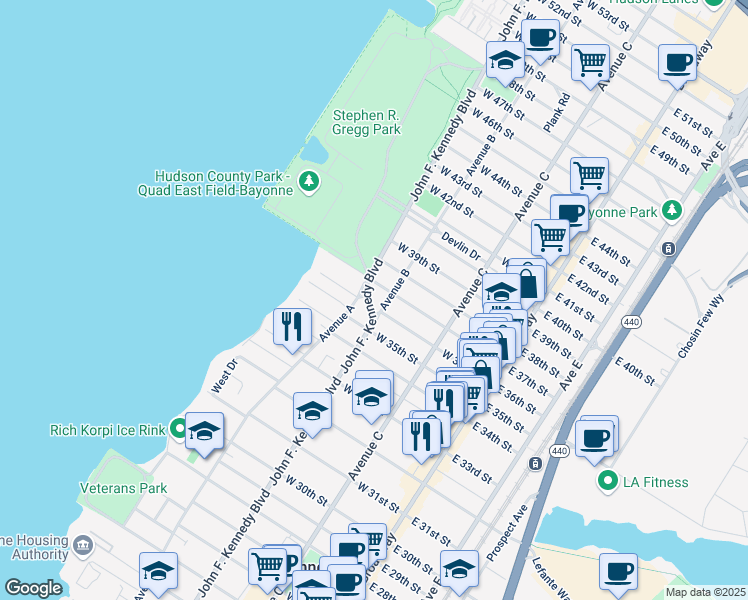 map of restaurants, bars, coffee shops, grocery stores, and more near 838 Avenue A in Bayonne