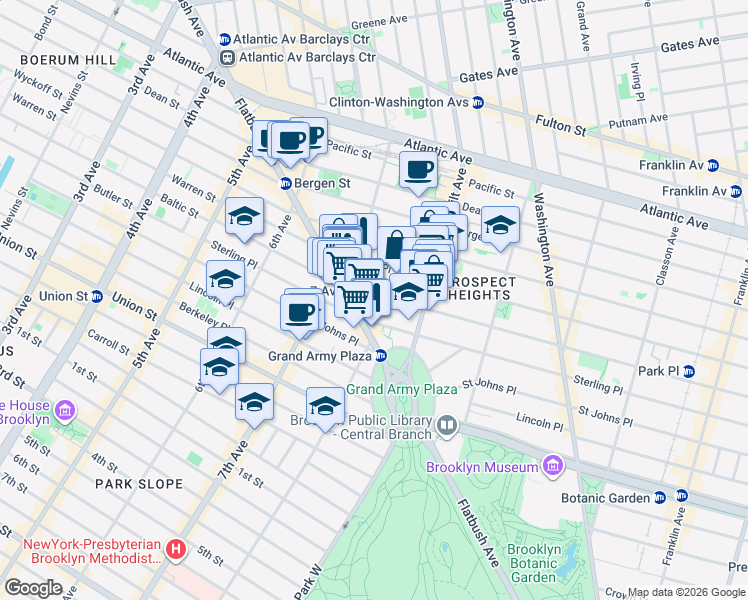map of restaurants, bars, coffee shops, grocery stores, and more near 200 Park Place in Brooklyn