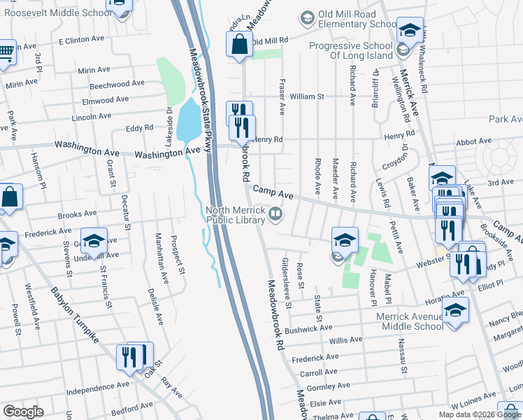 map of restaurants, bars, coffee shops, grocery stores, and more near 1704 Michael William Road in Merrick