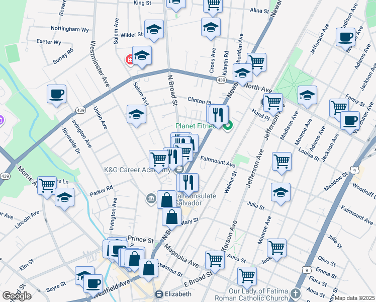 map of restaurants, bars, coffee shops, grocery stores, and more near 1251 Fairmount Avenue in Elizabeth