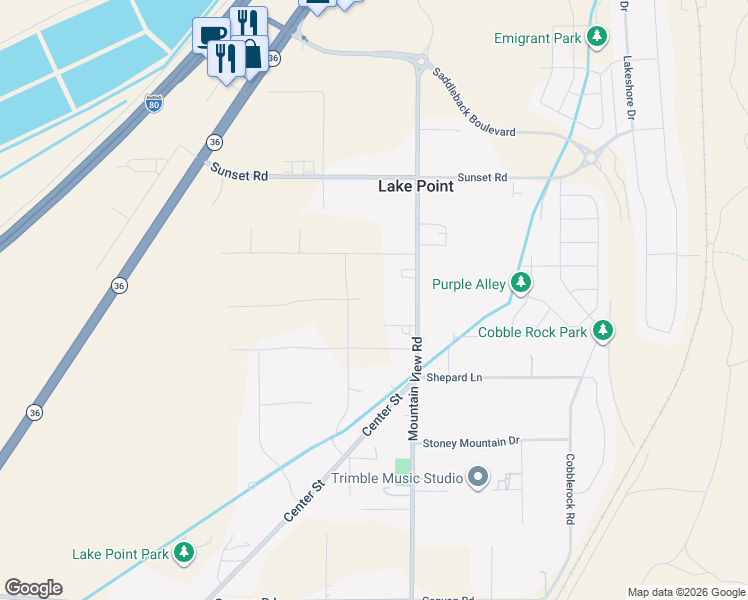 map of restaurants, bars, coffee shops, grocery stores, and more near 1676 East Corey's Way in Lake Point
