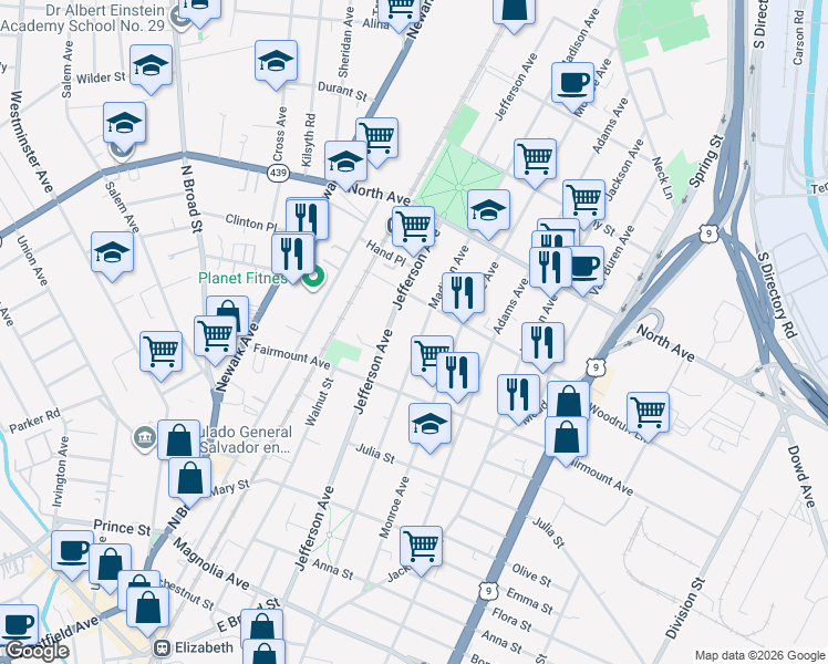 map of restaurants, bars, coffee shops, grocery stores, and more near 647 Madison Avenue in Elizabeth