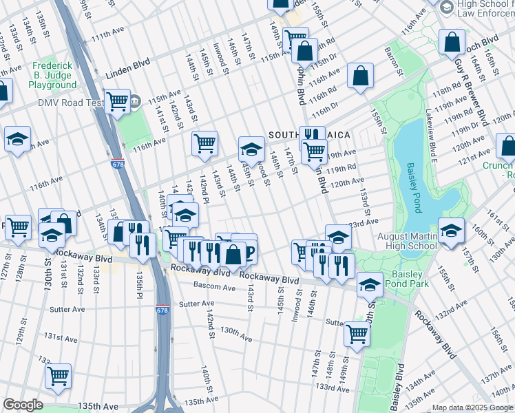 map of restaurants, bars, coffee shops, grocery stores, and more near 119-42 145th Street in Queens
