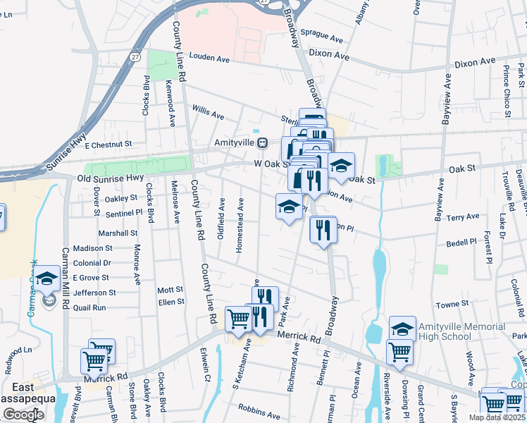 map of restaurants, bars, coffee shops, grocery stores, and more near 159 Ketcham Avenue in Amityville