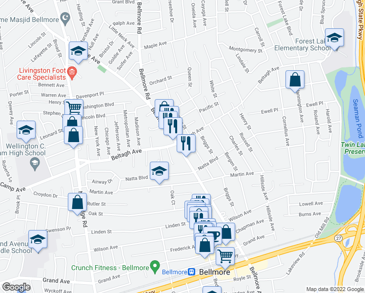 map of restaurants, bars, coffee shops, grocery stores, and more near 1905 Bellmore Ave in North Bellmore