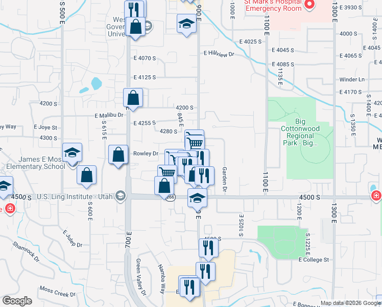 map of restaurants, bars, coffee shops, grocery stores, and more near in Millcreek