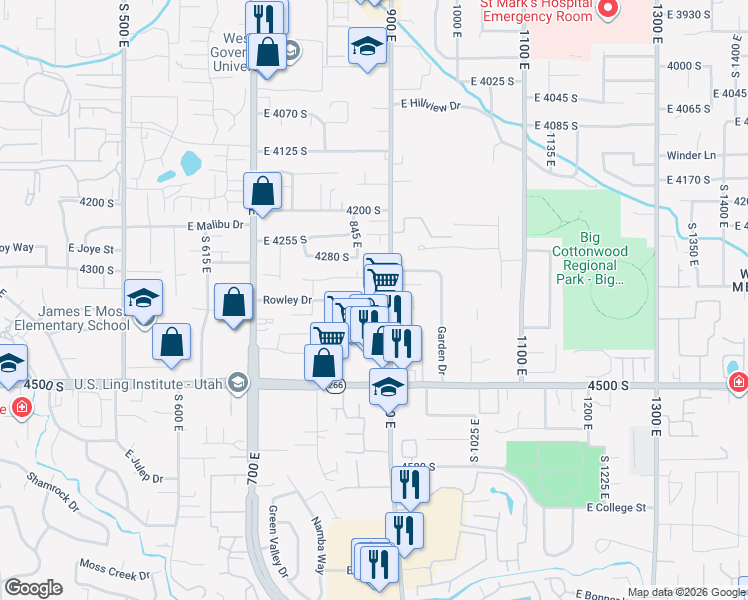 map of restaurants, bars, coffee shops, grocery stores, and more near in Millcreek