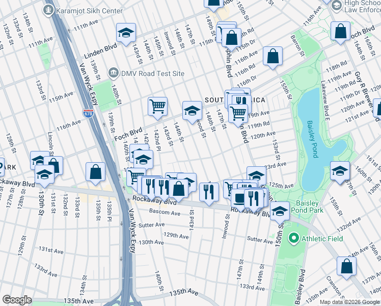 map of restaurants, bars, coffee shops, grocery stores, and more near 119-42 145th Street in Queens