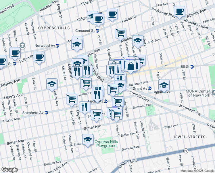 map of restaurants, bars, coffee shops, grocery stores, and more near 1029 Glenmore Avenue in Brooklyn