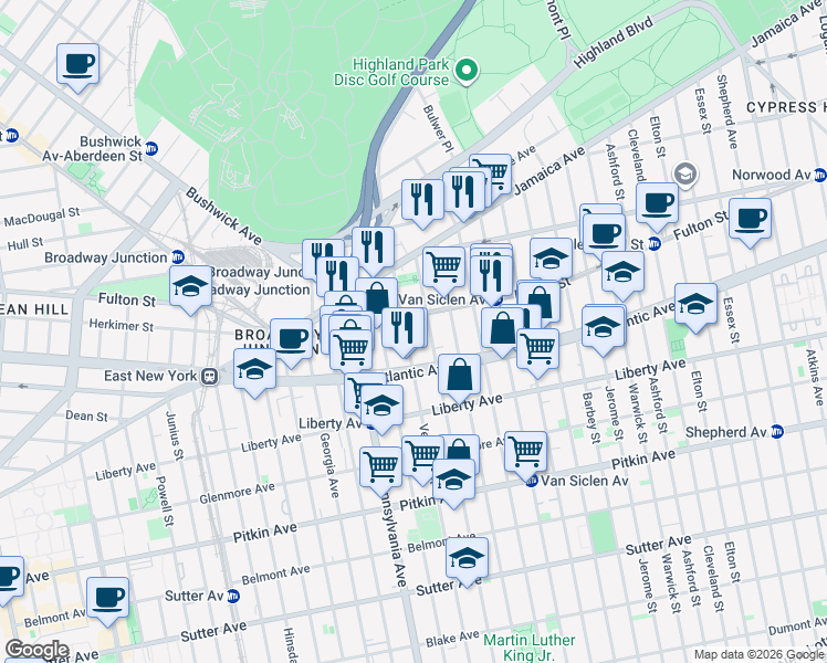 map of restaurants, bars, coffee shops, grocery stores, and more near 94 Wyona Street in Brooklyn