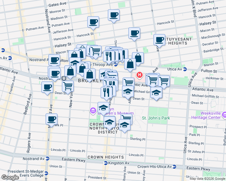 map of restaurants, bars, coffee shops, grocery stores, and more near 1474 Pacific Street in Brooklyn