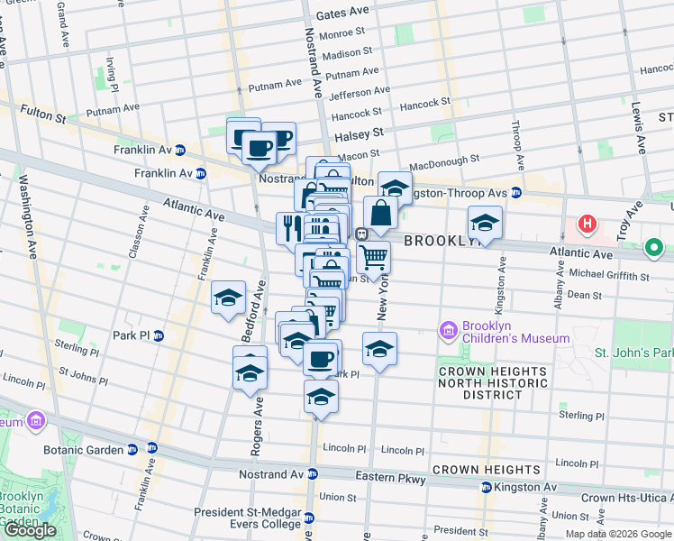 map of restaurants, bars, coffee shops, grocery stores, and more near 628 Nostrand Avenue in Brooklyn