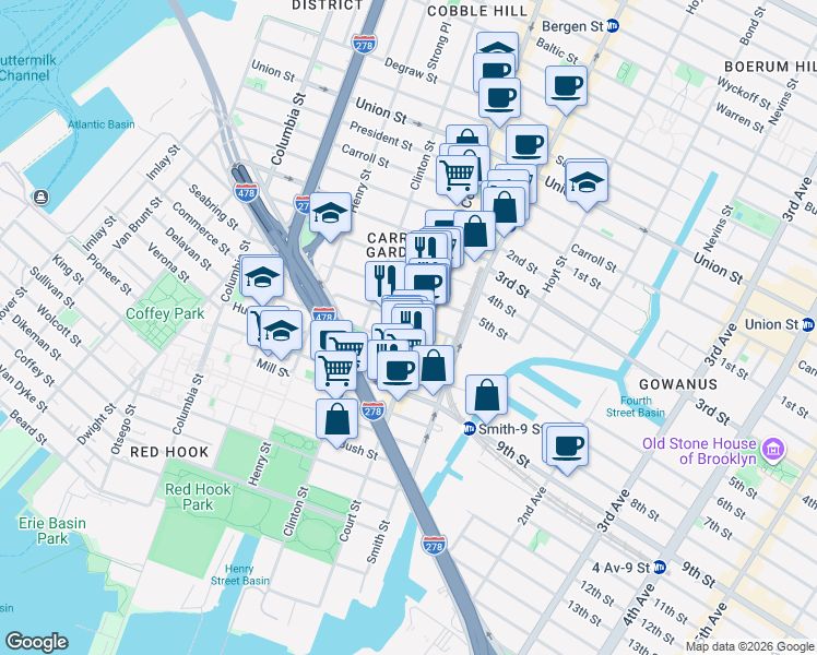 map of restaurants, bars, coffee shops, grocery stores, and more near 498 Court Street in Brooklyn