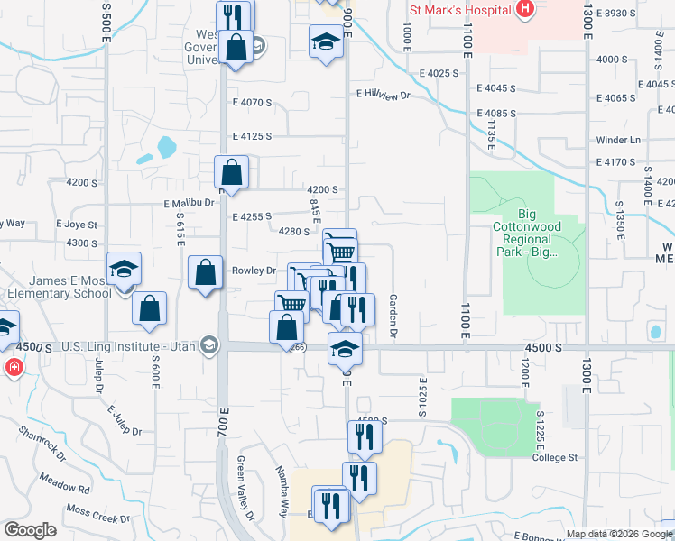 map of restaurants, bars, coffee shops, grocery stores, and more near 884 Rowley Drive in Millcreek