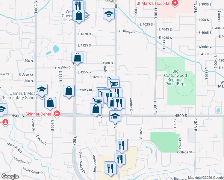 map of restaurants, bars, coffee shops, grocery stores, and more near 880 Rowley Drive in Millcreek