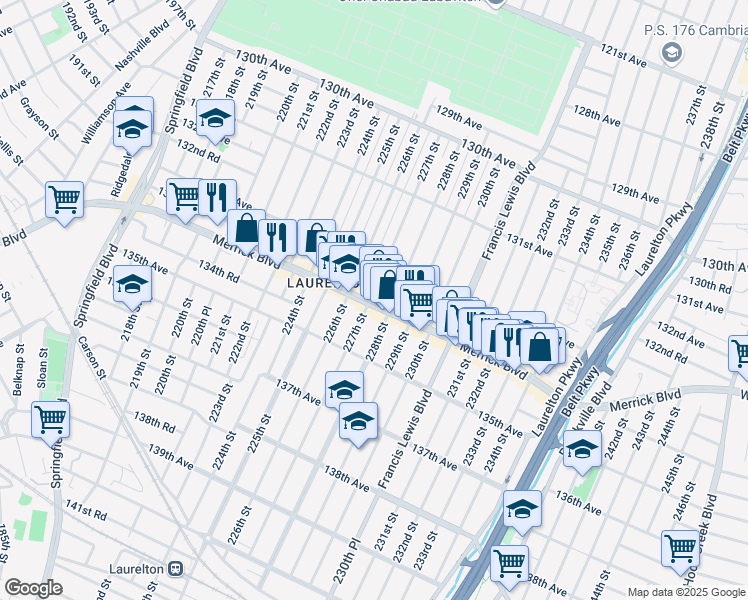 map of restaurants, bars, coffee shops, grocery stores, and more near 227-1 Merrick Boulevard in Queens