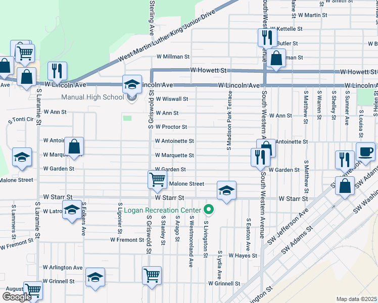 map of restaurants, bars, coffee shops, grocery stores, and more near 2309 West Marquette Street in Peoria
