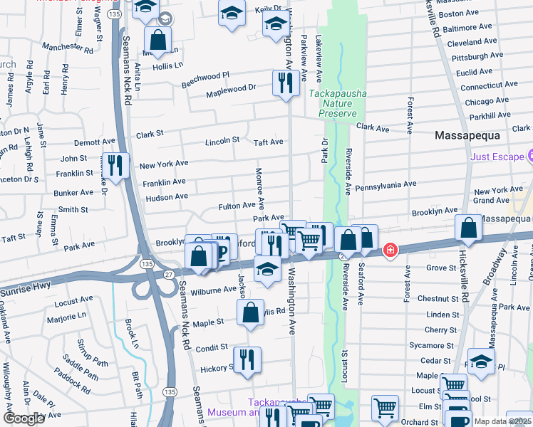 map of restaurants, bars, coffee shops, grocery stores, and more near 3959 Park Avenue in Seaford
