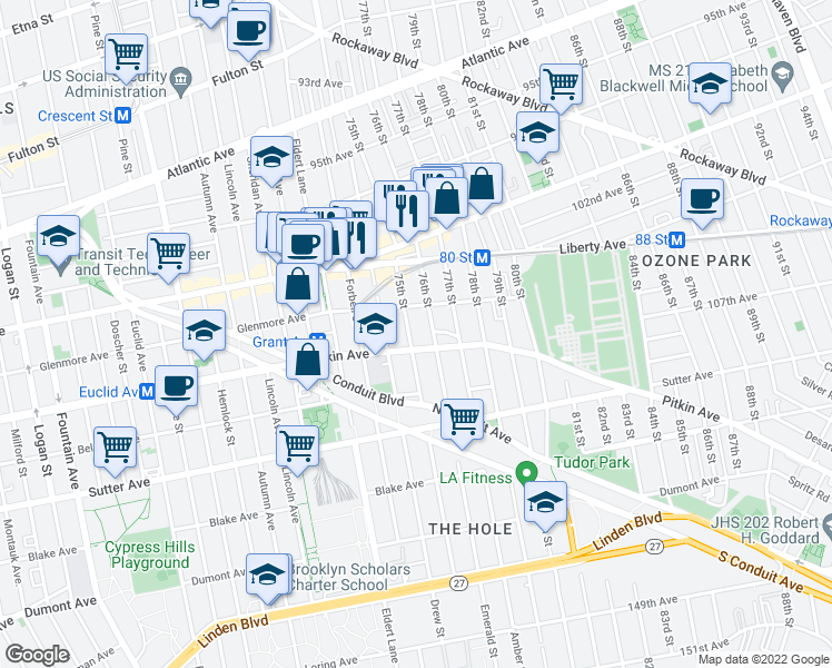 map of restaurants, bars, coffee shops, grocery stores, and more near 106-27 75th Street in Queens