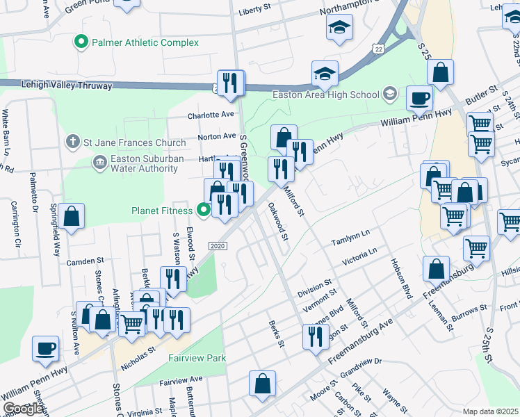 map of restaurants, bars, coffee shops, grocery stores, and more near 2960 William Penn Highway in Easton