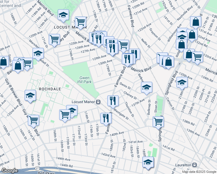 map of restaurants, bars, coffee shops, grocery stores, and more near 176-44 133rd Avenue in Queens