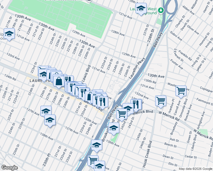 map of restaurants, bars, coffee shops, grocery stores, and more near 131-55 233rd Street in Queens