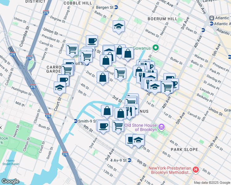 map of restaurants, bars, coffee shops, grocery stores, and more near 155 3rd Street in Brooklyn
