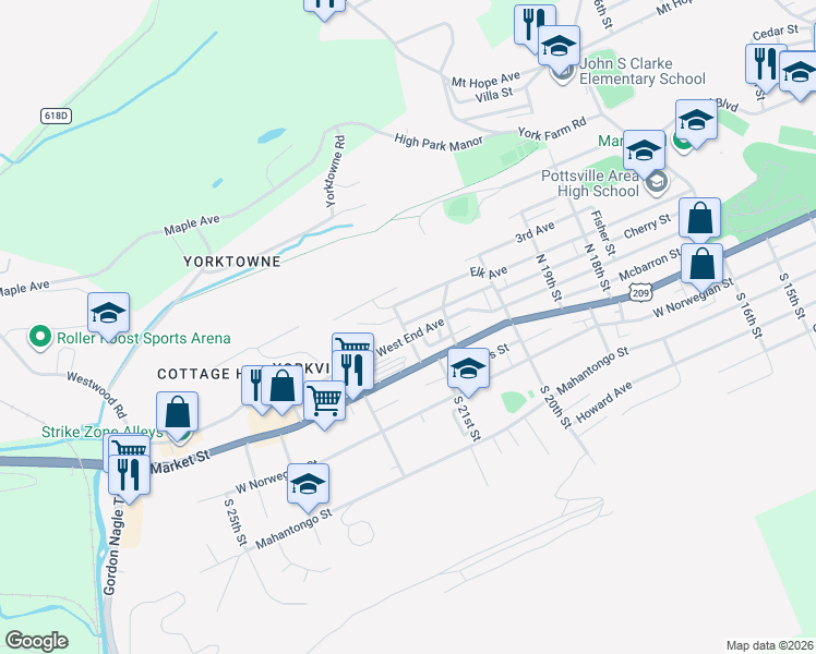 map of restaurants, bars, coffee shops, grocery stores, and more near 2075 King Avenue in Pottsville