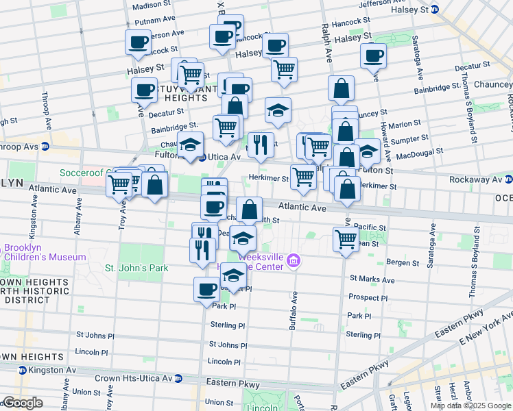 map of restaurants, bars, coffee shops, grocery stores, and more near 58 Rochester Avenue in Brooklyn