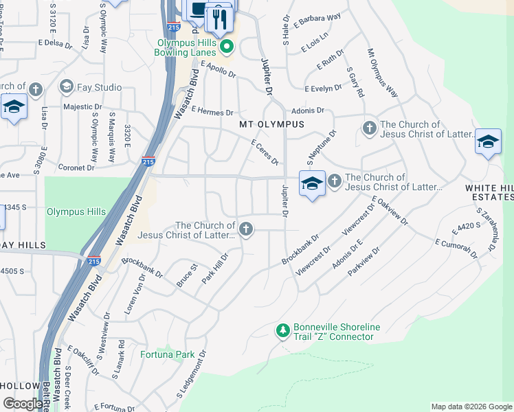 map of restaurants, bars, coffee shops, grocery stores, and more near 3661 East Spruce Drive in Salt Lake City