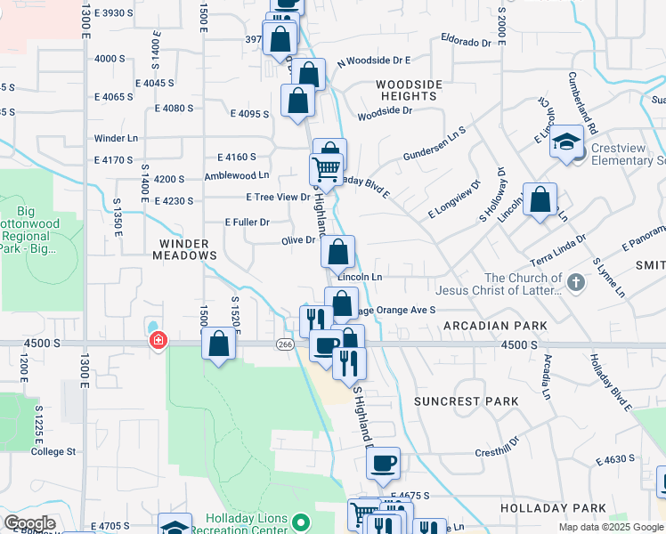map of restaurants, bars, coffee shops, grocery stores, and more near 1753 Lincoln Lane in Holladay