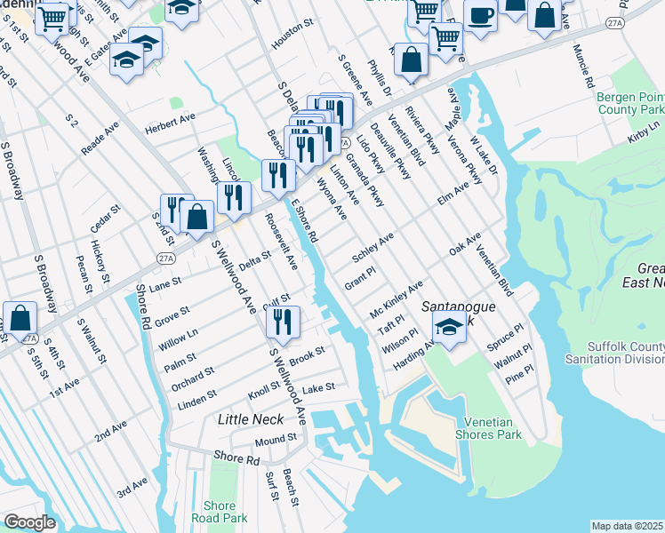 map of restaurants, bars, coffee shops, grocery stores, and more near 200 East Shore Road in Lindenhurst