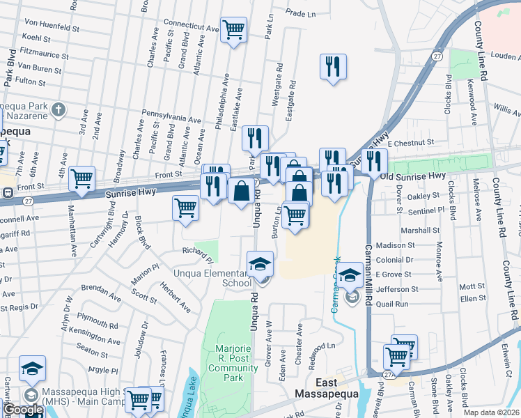 map of restaurants, bars, coffee shops, grocery stores, and more near 9 Burton Lane in Massapequa