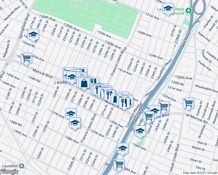 map of restaurants, bars, coffee shops, grocery stores, and more near 131-81 Francis Lewis Boulevard in Queens
