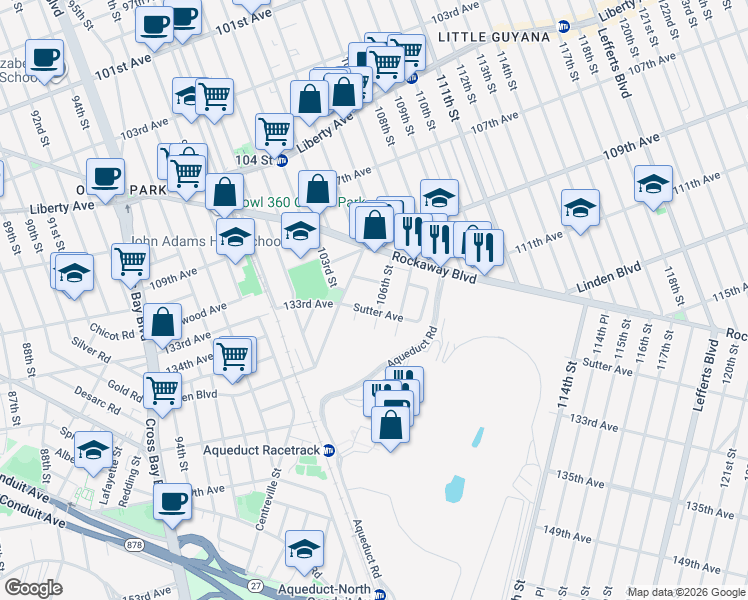 map of restaurants, bars, coffee shops, grocery stores, and more near 104-17 Sutter Avenue in Queens