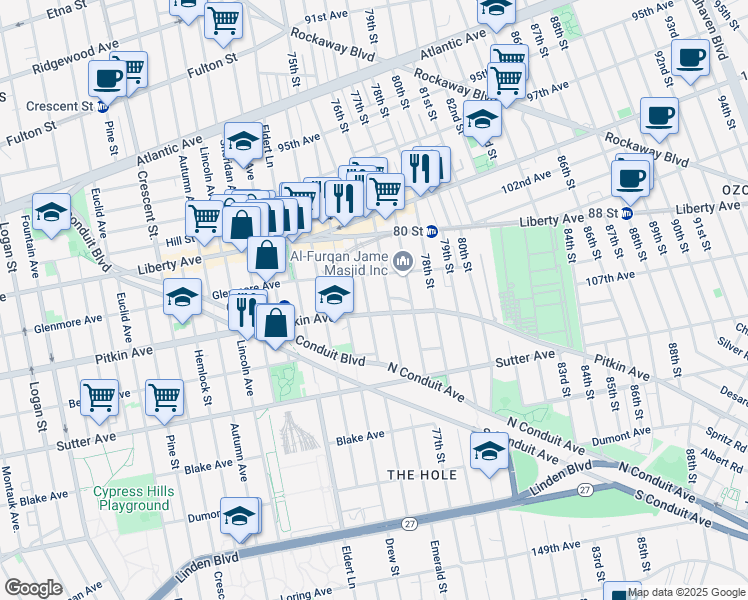 map of restaurants, bars, coffee shops, grocery stores, and more near 106-27 75th Street in Queens