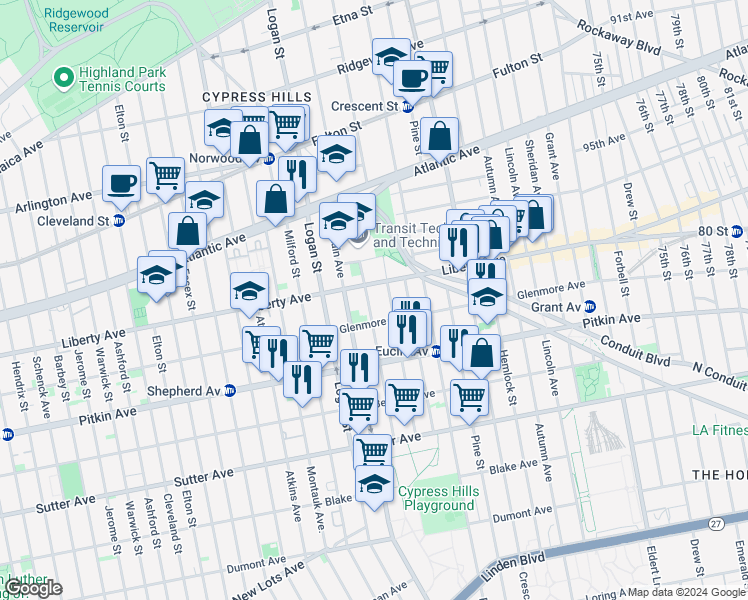 map of restaurants, bars, coffee shops, grocery stores, and more near 74 Crystal Street in Brooklyn