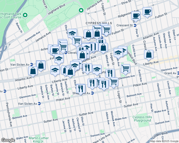 map of restaurants, bars, coffee shops, grocery stores, and more near 779 Liberty Avenue in Brooklyn