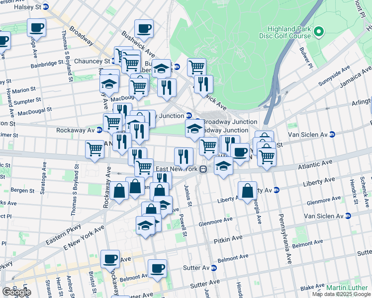 map of restaurants, bars, coffee shops, grocery stores, and more near 1466 Herkimer Street in Brooklyn