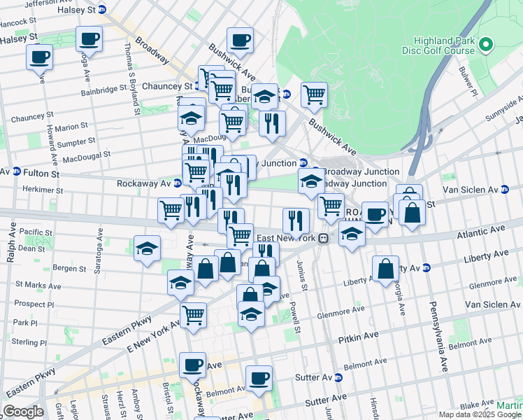 map of restaurants, bars, coffee shops, grocery stores, and more near 1422 Herkimer Street in Brooklyn