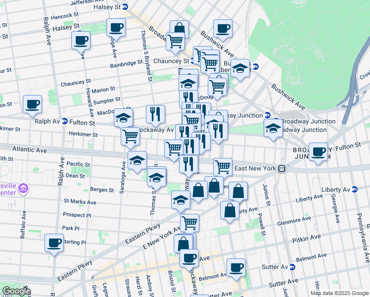 map of restaurants, bars, coffee shops, grocery stores, and more near 180 Rockaway Avenue in Brooklyn